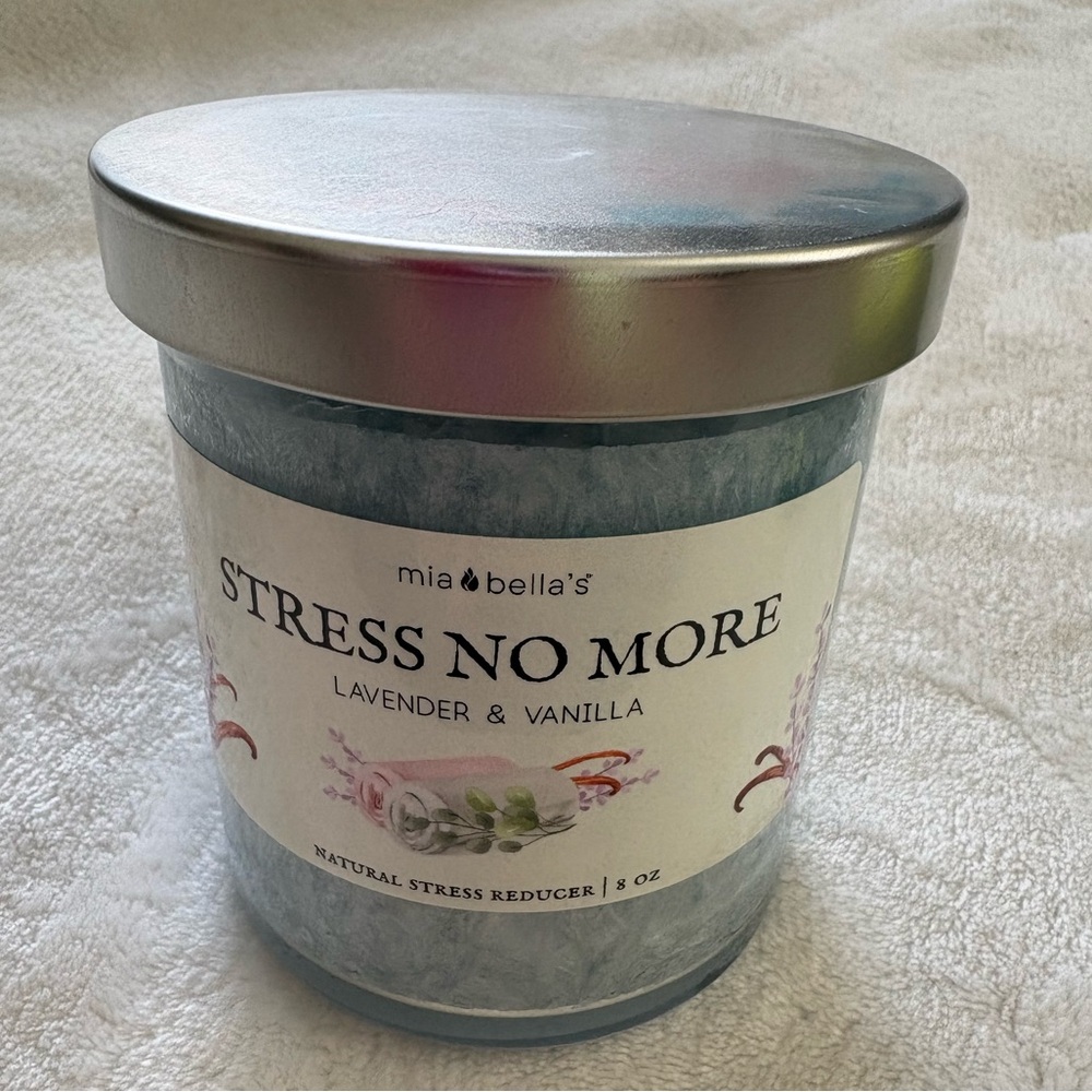 New Mia Bella’s Stress No More Lavender & Vanilla 8 oz candle Jar